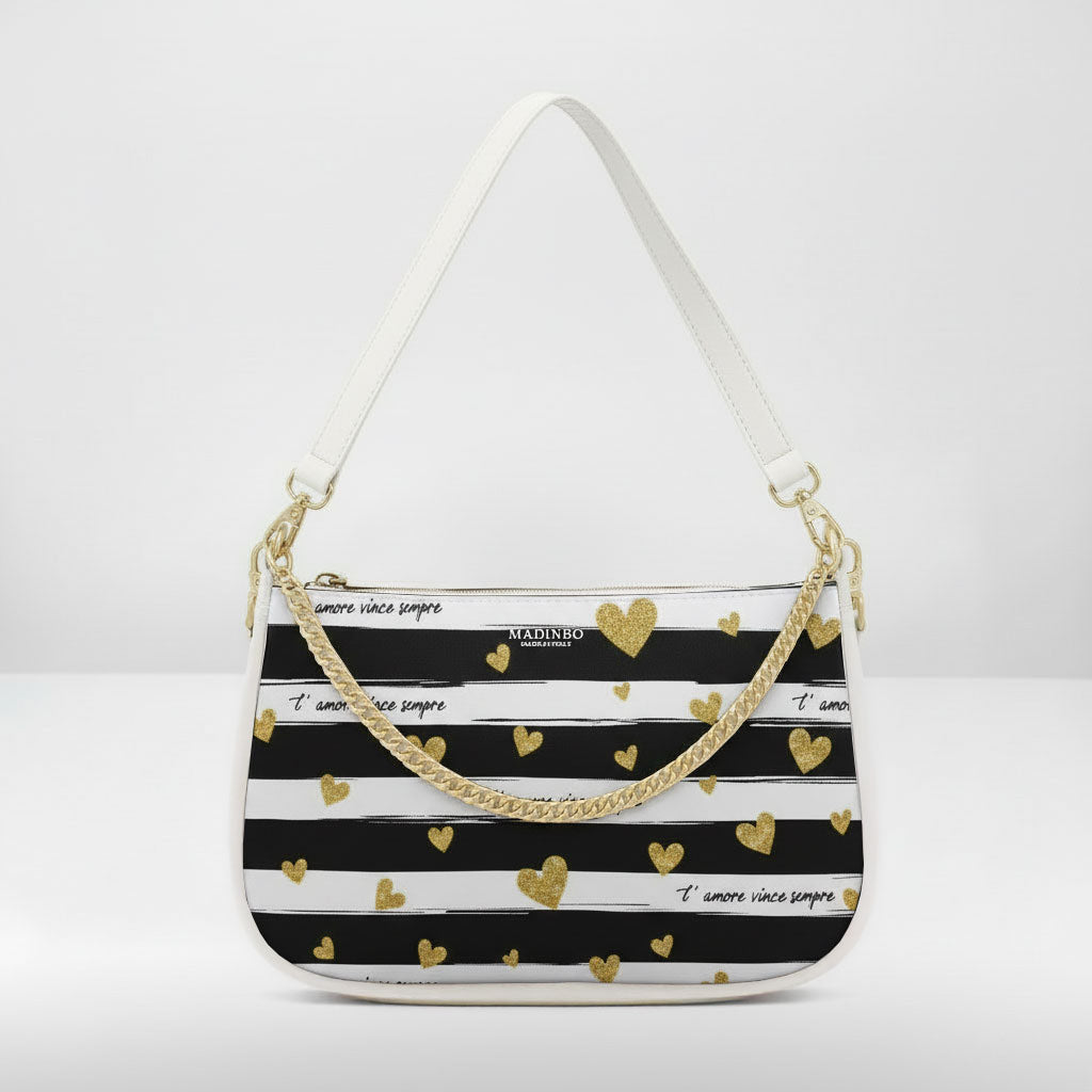 BORSA AQUA MADINBO BIANCA - MADE IN ITALY - GRAFICA CUORICINI DORATI