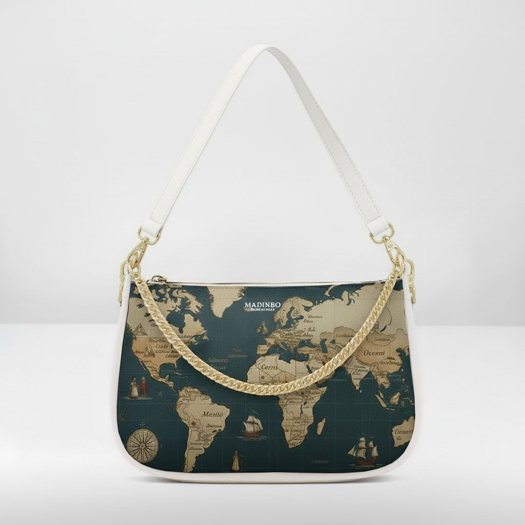 BORSA AQUA MADINBO BIANCA - MADE IN ITALY - GRAFICA MAPPAMONDO NERO