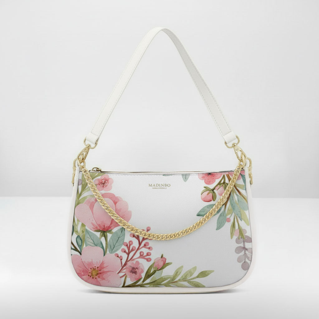 BORSA AQUA MADINBO BIANCA - MADE IN ITALY - GRAFICA FIORI ROSA