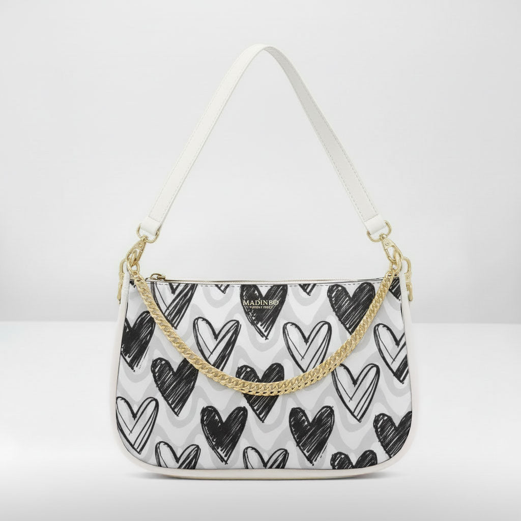 BORSA AQUA MADINBO BIANCA - MADE IN ITALY - CUORICINI BIANCHI E NERI
