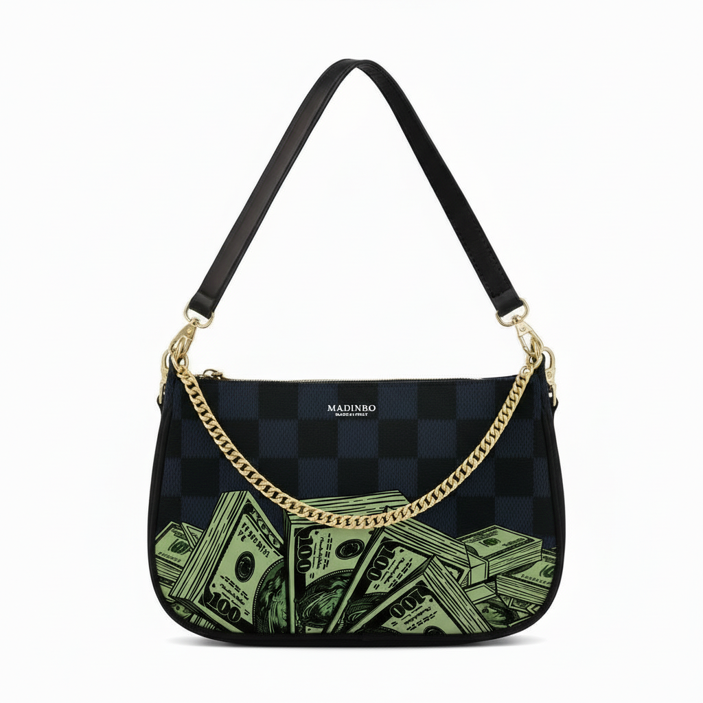 BORSA AQUA MADINBO - MADE IN ITALY - GRAFICA DOLLARI SCACCHI BLU