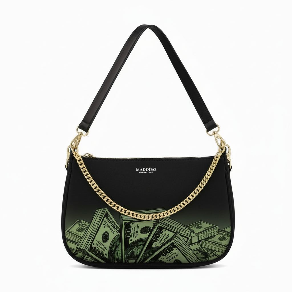 BORSA AQUA MADINBO - MADE IN ITALY - GRAFICA DOLLARI BASE NERA