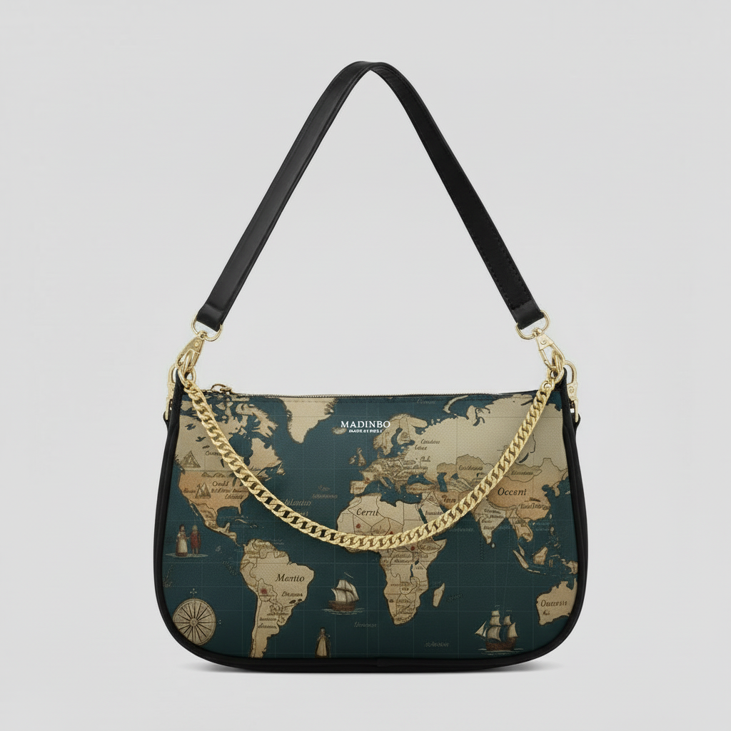 BORSA AQUA MADINBO - MADE IN ITALY - GRAFICA MAPPAMONDO NERO