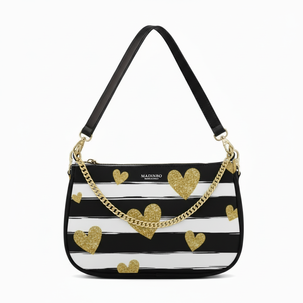 BORSA AQUA MADINBO - MADE IN ITALY - GRAFICA STRISCE E CUORICINI DORATI GRANDI