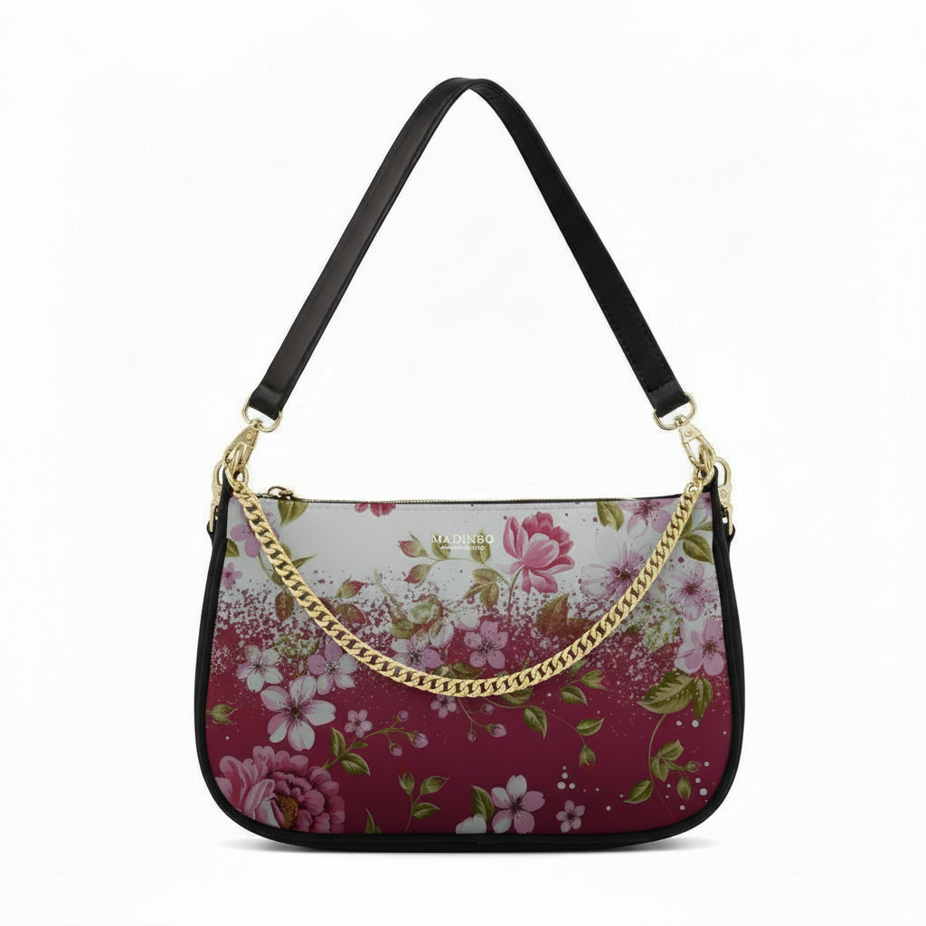 BORSA AQUA MADINBO - MADE IN ITALY - GRAFICA FIORI BIANCHI E ROSA