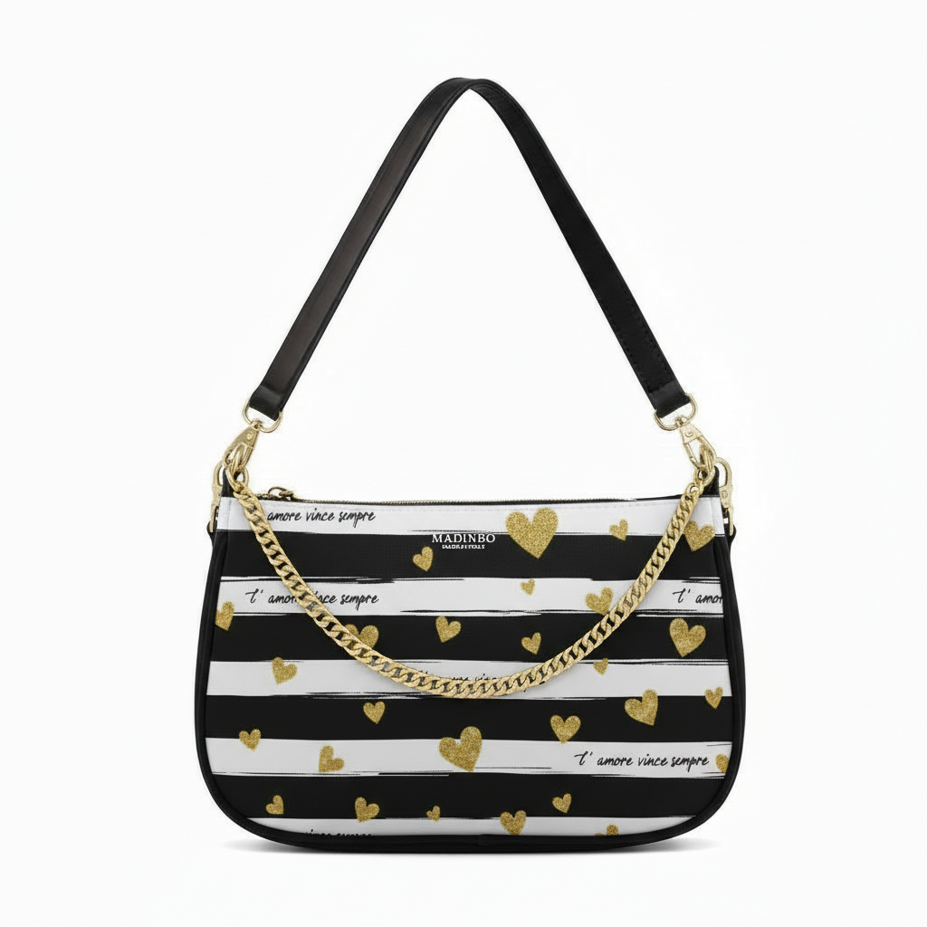 BORSA AQUA MADINBO - MADE IN ITALY - GRAFICA CUORICINI DORATI E STRISCE NERE