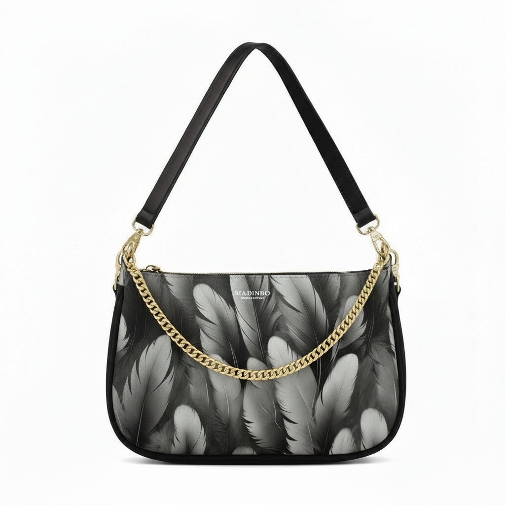 BORSA AQUA MADINBO - MADE IN ITALY - GRAFICA FOGLIE BIANCHE E NERE