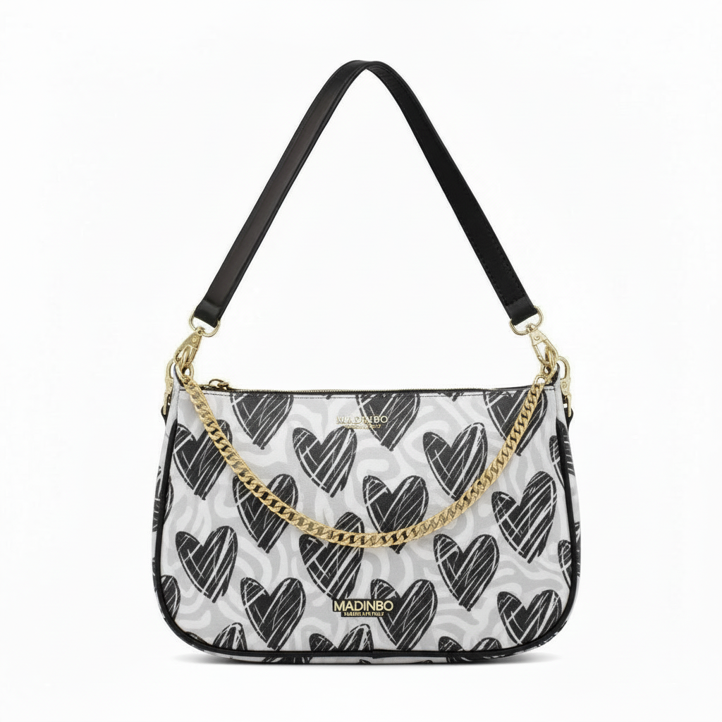 BORSA AQUA MADINBO - MADE IN ITALY - GRAFICA CUORI BIANCHI E NERI