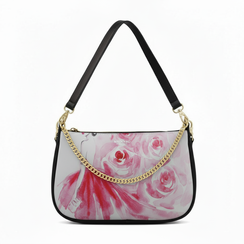 BORSA AQUA MADINBO - MADE IN ITALY - GRAFICA BALLERINA E ROSE ROSA