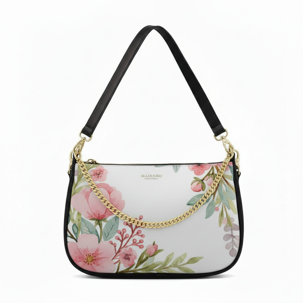 BORSA AQUA MADINBO - MADE IN ITALY - GRAFICA FIORI ROSA FONDO BIANCO