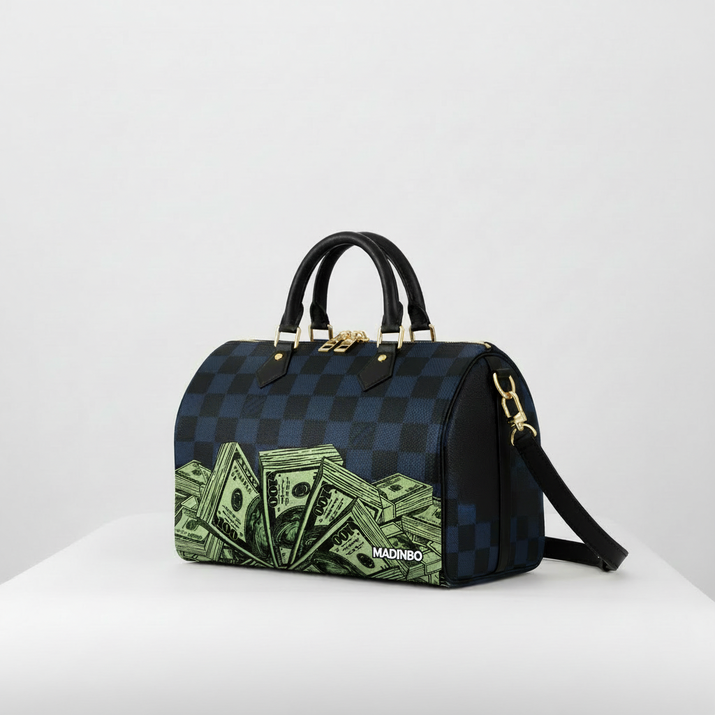 BAULETTO MADINBO - MADE IN ITALY  - CON STAMPA DOLLARI E SCHACCHI BLU