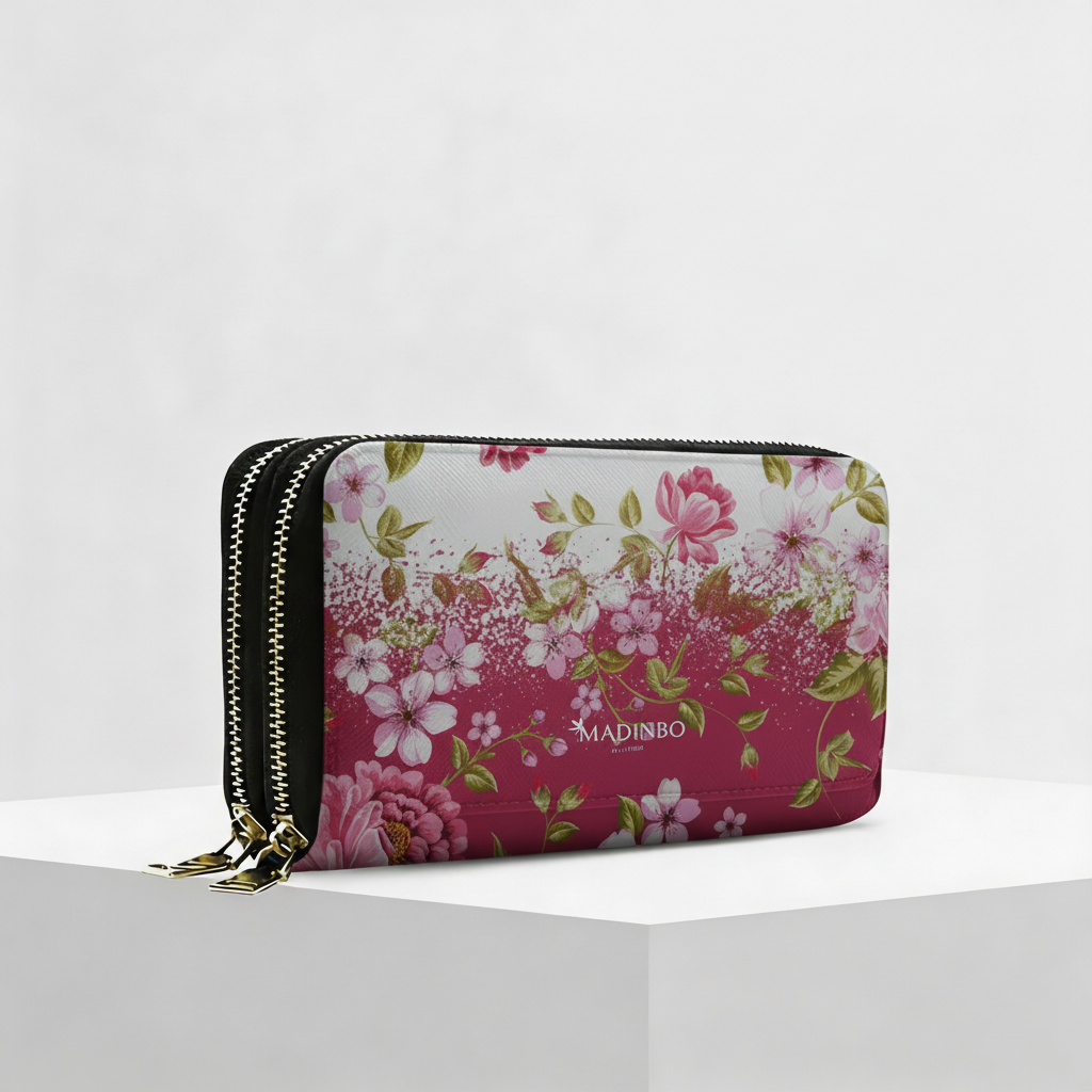 Portafogli ANGY Double di MADINBO - Wallet - FIORI ROSA E BIANCHI