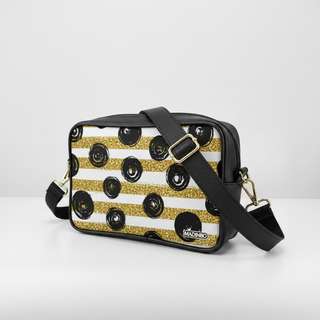 BORSA SOLE - MADE IN ITALY  - CON STAMPA CERCHI NERI E STRISCE ORO