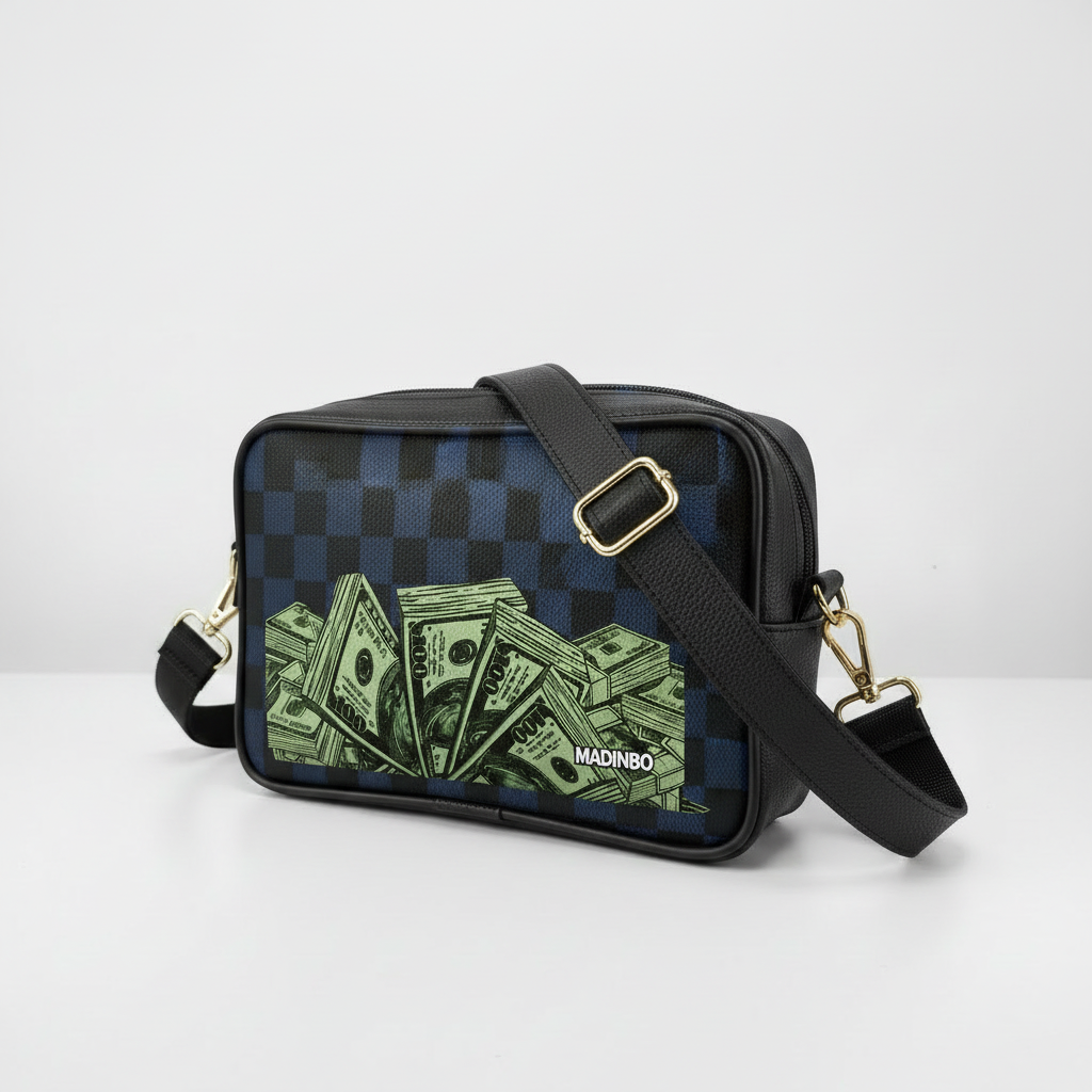 BORSA SOLE - MADE IN ITALY  - CON STAMPA DOLLARI E SCACCHI BLU